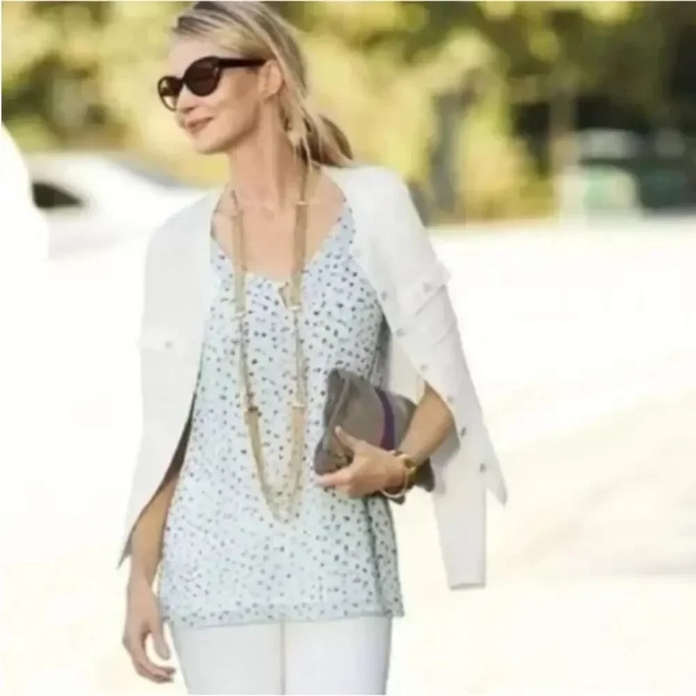 Cabi Confetti white blue purple polka dot print sleeveless top size XS #5231